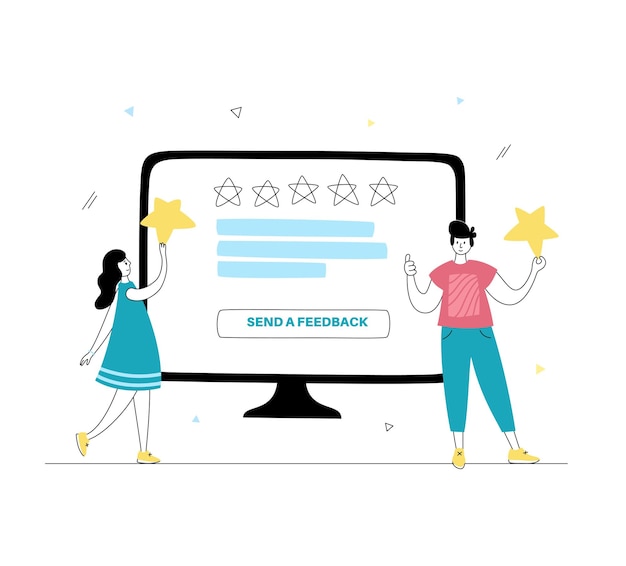 Vector isolated illustration of clients choosing satisfaction rating and leaving review.