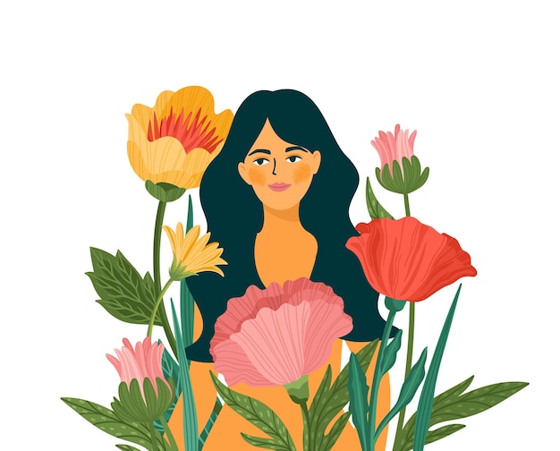 Vector isolated illustration of cute woman with flowers international women s day concept for card poster flyer and other