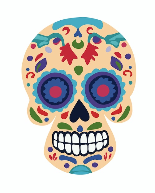 メキシコの死者の日の装飾的な人間の頭蓋骨のベクトル分離イラスト