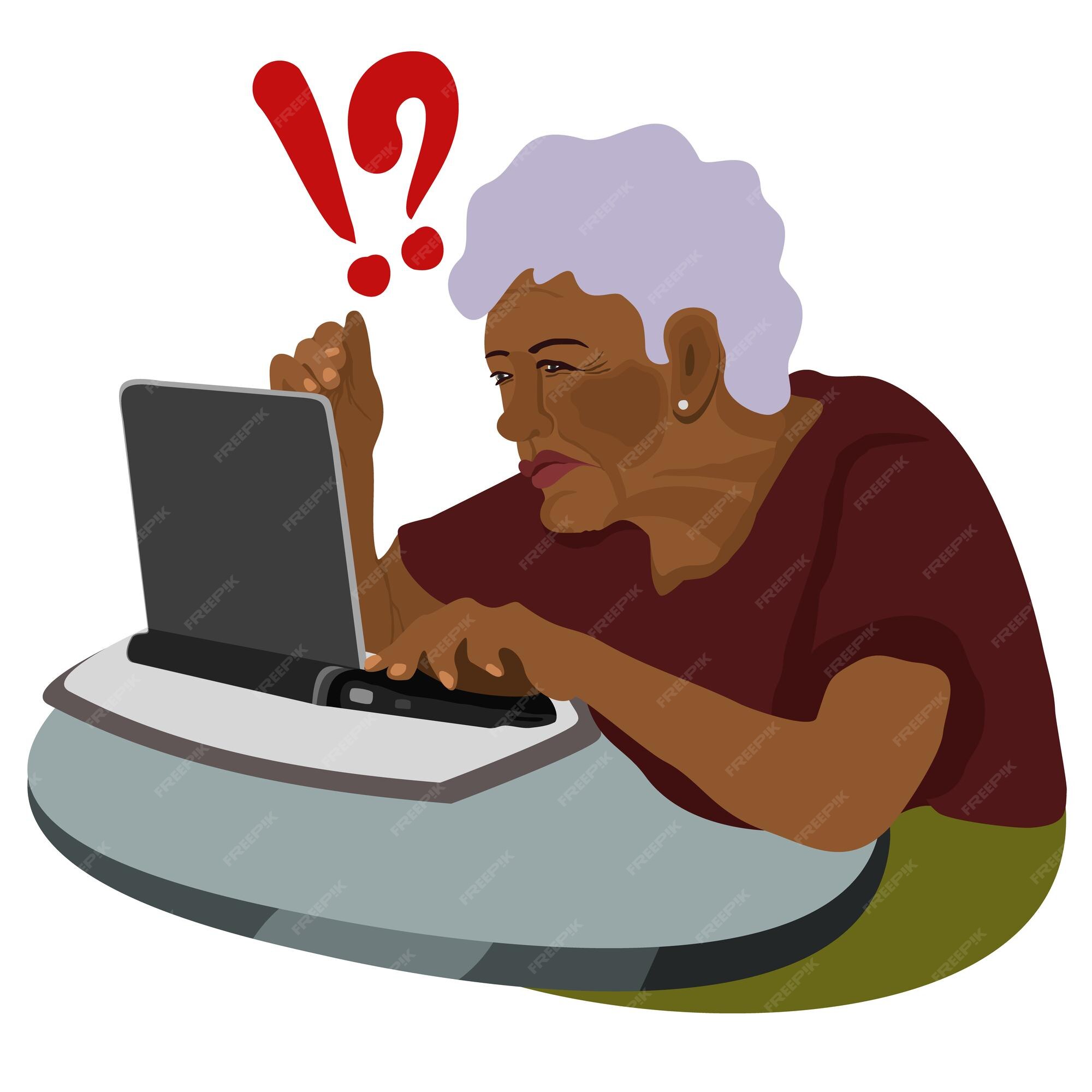 Premium Vector  Happy granny with laptop vector illustration a