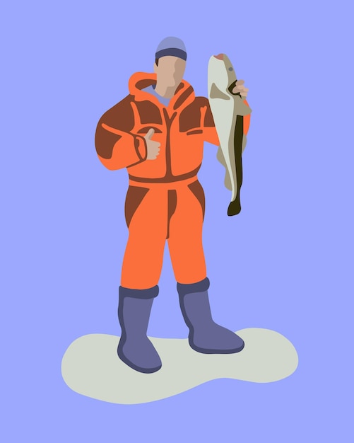 Векторная изолированная иллюстрация рыбака с уловом.