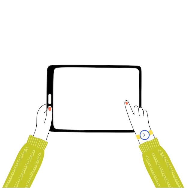 Vector isolated illustration of girl hands holding tablet and touching screen.