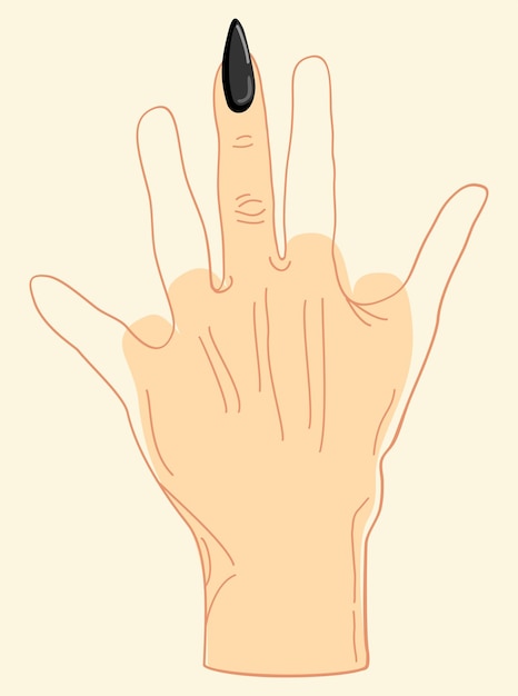 Vettore illustrazione vettoriale isolata della mano con unghia nera. gesto. segno del dito medio.