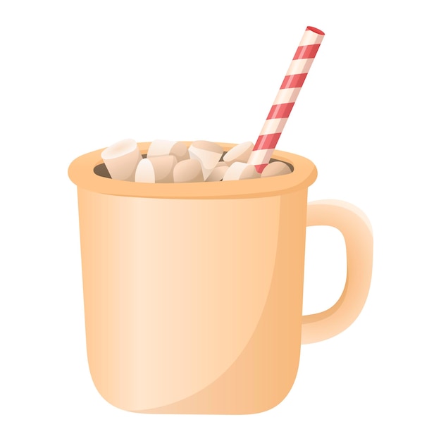 Vector isolated illustration of a mug with hot coffee or chocolate, marshmallow pieces and a straw. Winter Christmas warming drink.