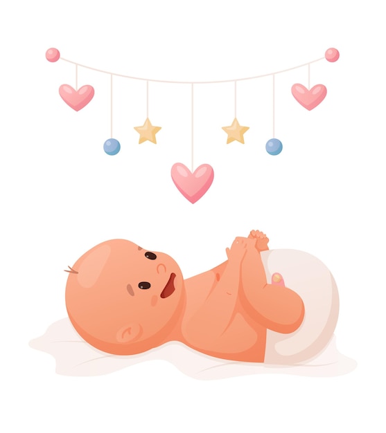 Vector isolated illustration of a newborn baby lying and playing with a hanging mobile or rattles.