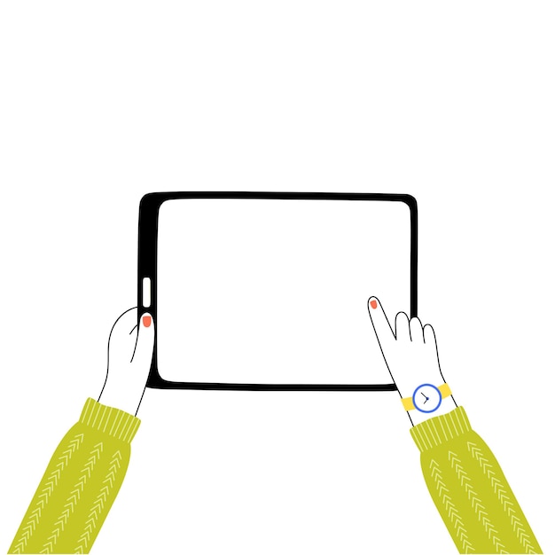 Изолированная иллюстрация вектора руки девушки держа таблетку и касаясь экрана.