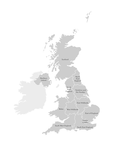 ベクトル イギリス連合王国および北アイルランドの簡易行政地図のベクトル分離イラスト。地域の境界線と名前。灰色のシルエット白い輪郭