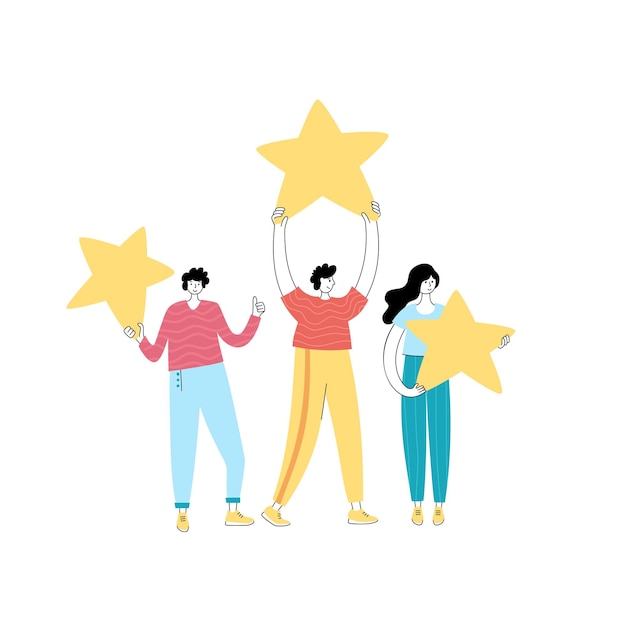 Vector vector isolated illustration of people standing and holding star. feedback and customer review.