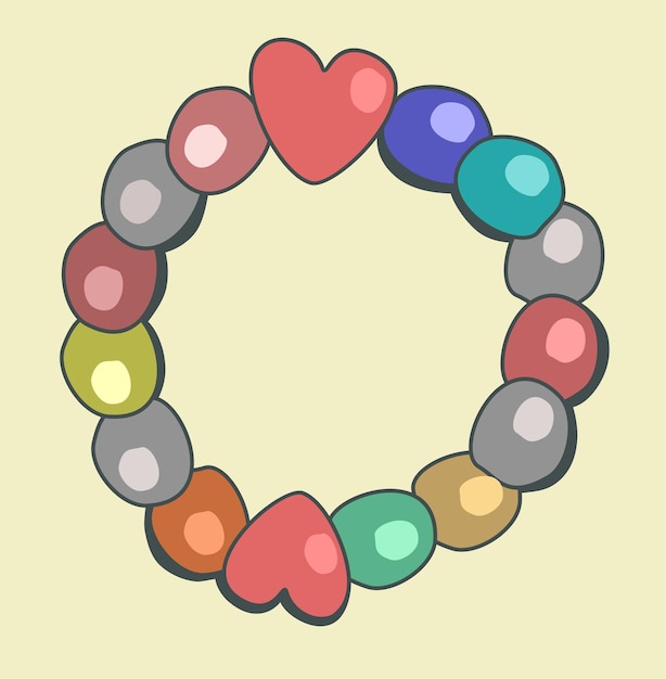 Векторная изолированная иллюстрация кольца с разноцветными бусинками и сердечками.