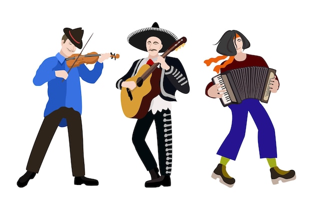 Vector isolated illustration of three musicians. Violinist, guitarist and accordion player.