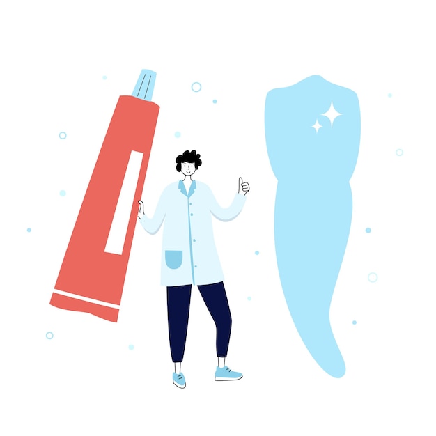 Vector isolated illustration of tooth and doctor holding toothbrush. Concept of tooth cleaning