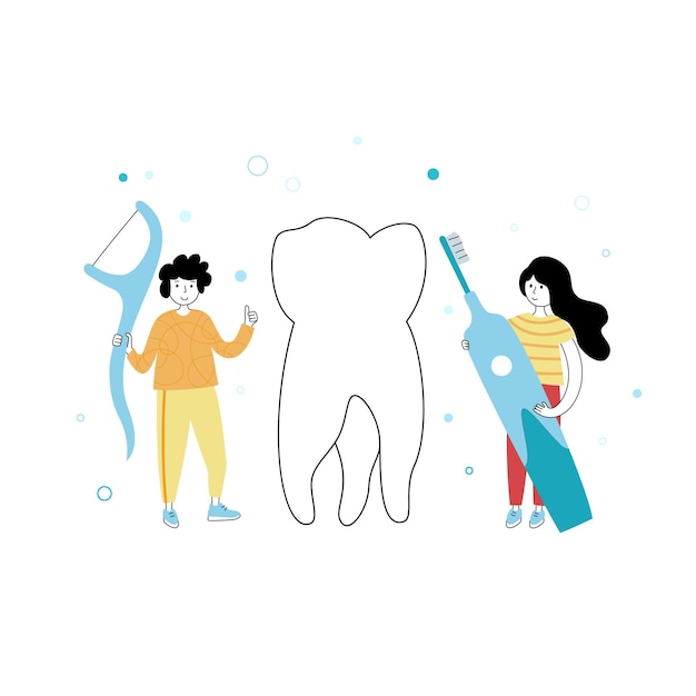 Vector isolated illustration of tooth and doctor holding toothbrush. Concept of tooth cleaning