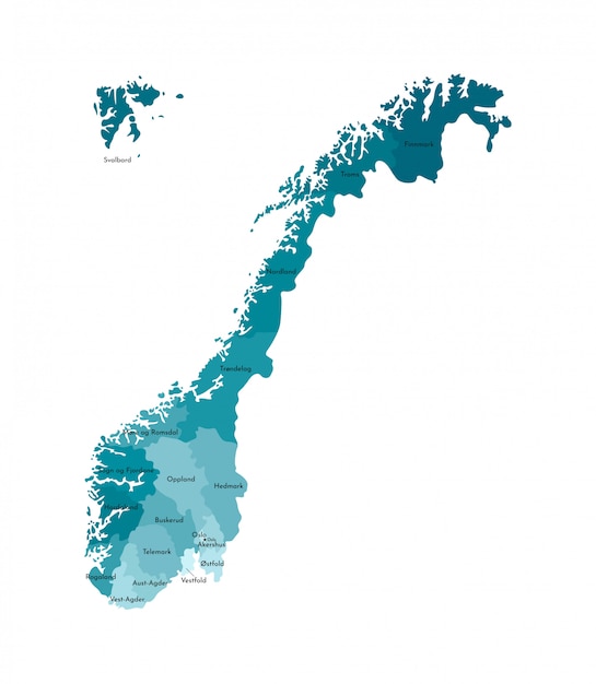 Vector isolated illustration with simplified map of Norway, blue silhouettes of regions. Names of counties.