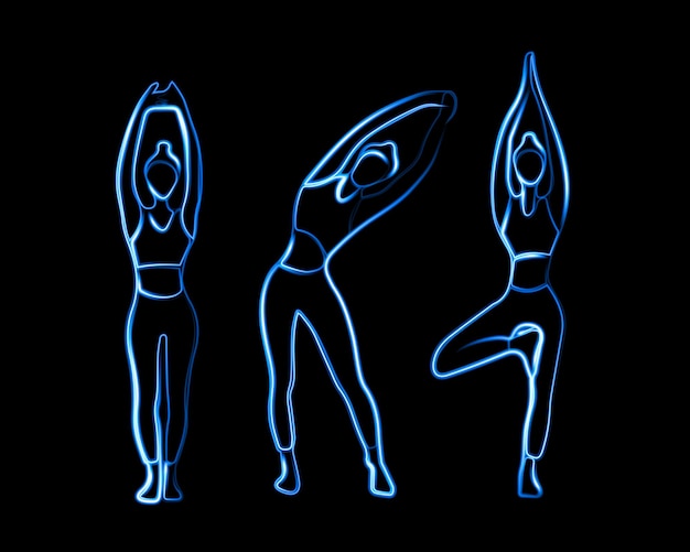 Vector isolated illustration of yoga poses with neon effect