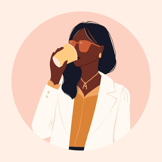 Vector isolated illustration of young stylish african american girl in business suit and sunglasses drinking coffee