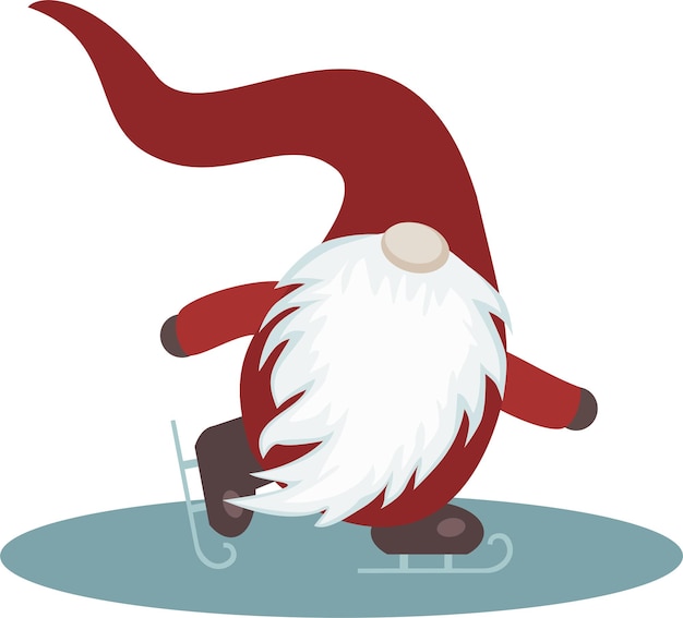 vector isolated image of a New Year or Christmas gnome in a red suit and cap who is skating on ice