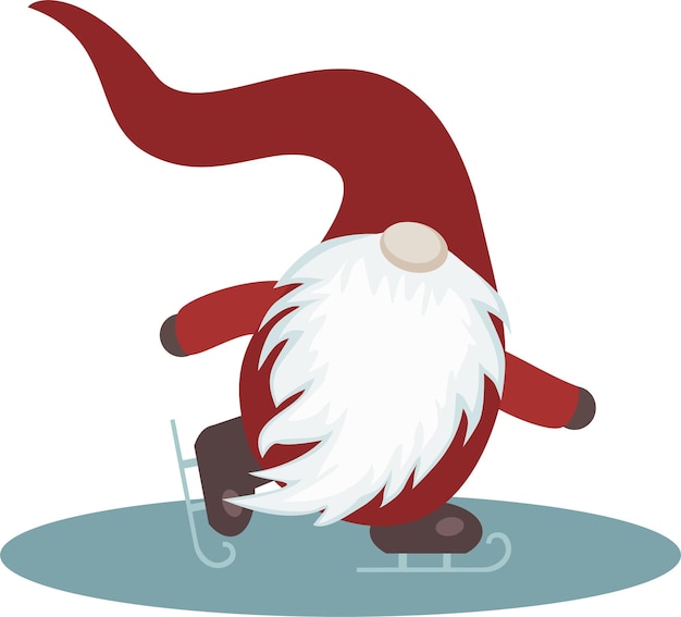 Вектор Векторное изолированное изображение новогоднего или рождественского гнома в красном костюме и шапке, который катается на коньках на льду