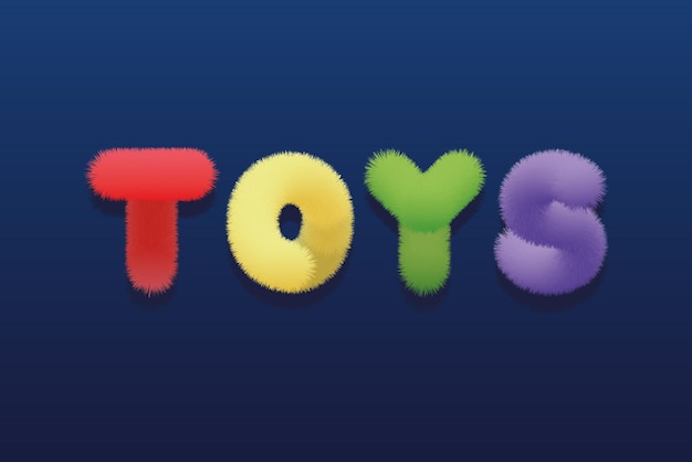 Vector isolated lettering fluffy multicolored bright inscription Toys on a dark blue background