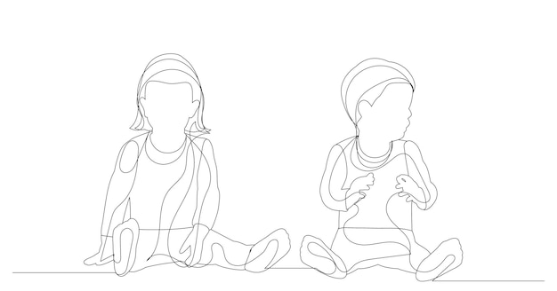 Vector isolated one line drawing children sitting