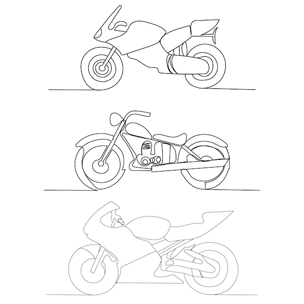 Vector, isolated, one line drawing motorcycle, sketch, set