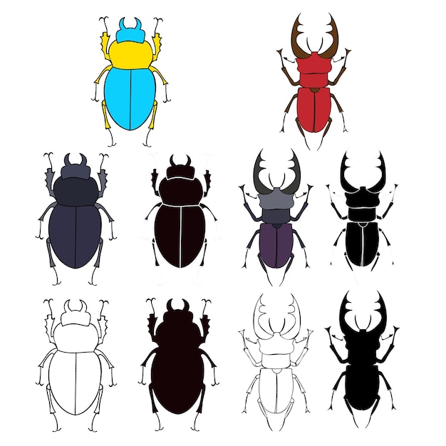 Vector isolated set of beetles sketch and silhouettes