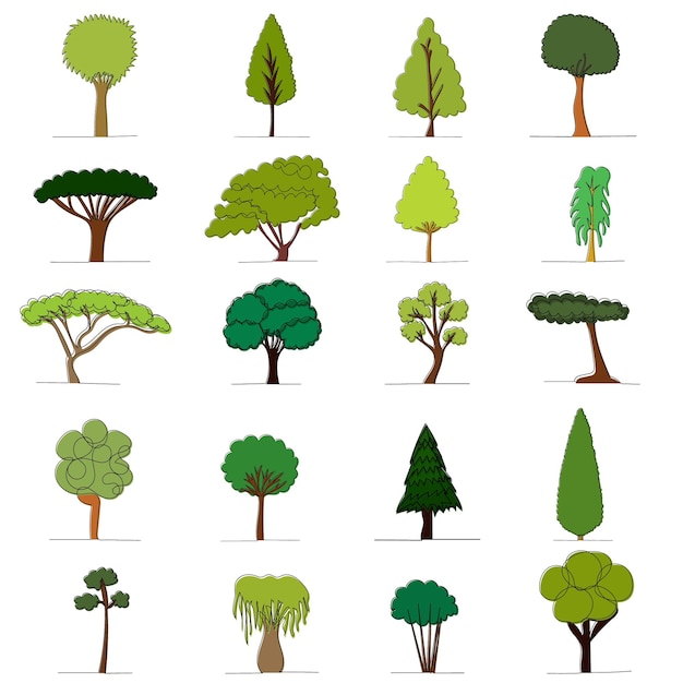 Vector isolated set of trees drawing in one continuous line