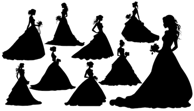vector isolated set of wedding icons and silhouettes of the bride and groom