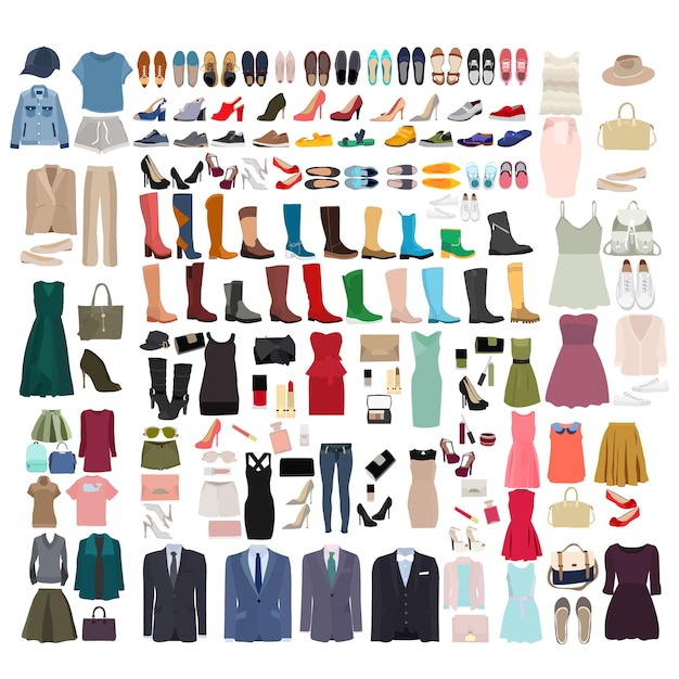 Векторный изолированный набор женской и мужской одежды и обуви