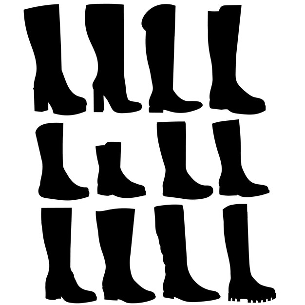 Vector isolated set of women's silhouette and shoes boots