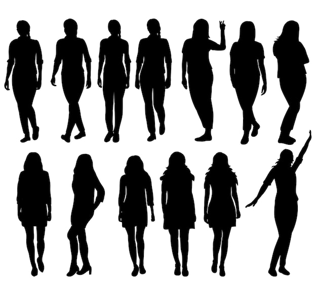 Vector isolated silhouette of girl go and pose set