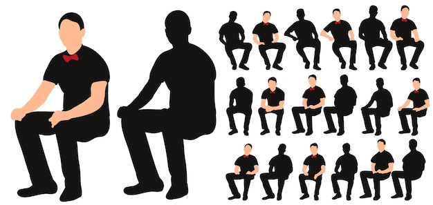 Vector, isolated silhouette of man sitting, with bow tie, collection of sitting men
