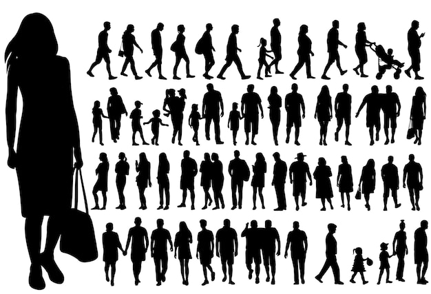 Vector isolated silhouette people go set collection