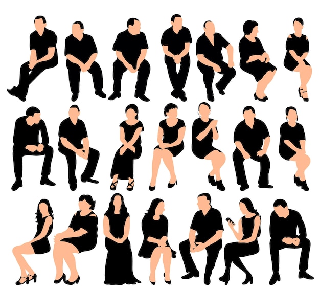 Vector isolated silhouette people sitting set