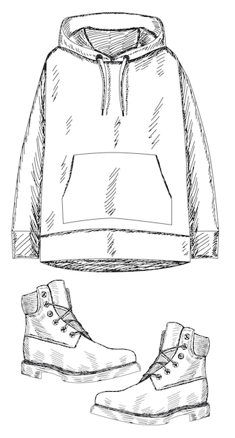 Vettore schizzo isolato vettoriale di felpa con cappuccio e stivali disegnati a mano