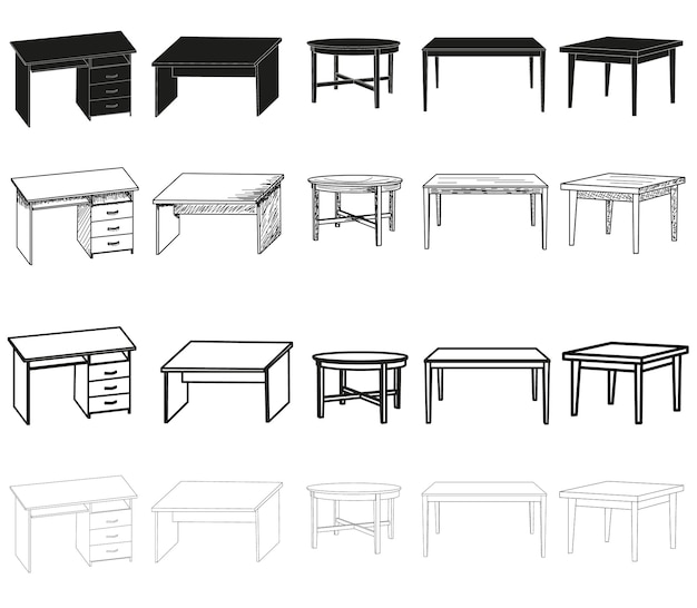 Vector isolated sketch of a table collection silhouette of a table set