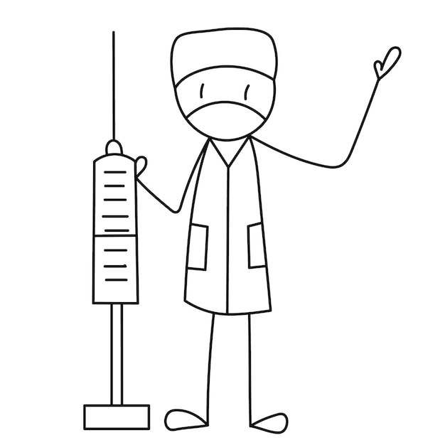 Vector, isolated stick figure with syringe, doctor