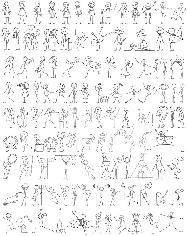 Vector vector isolated stick figures people line drawing set