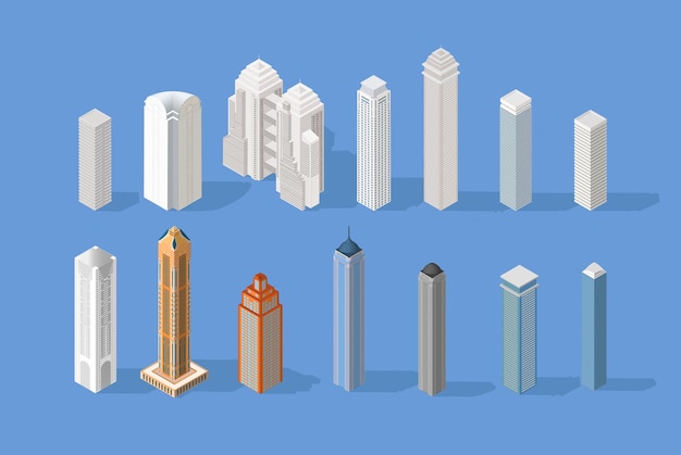 Vector isometric buildings set skyscraper and hotel office buildinghouse isometric