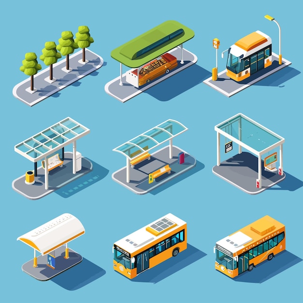 Vettore vector_isometric_bus_stop_concept_objects_set