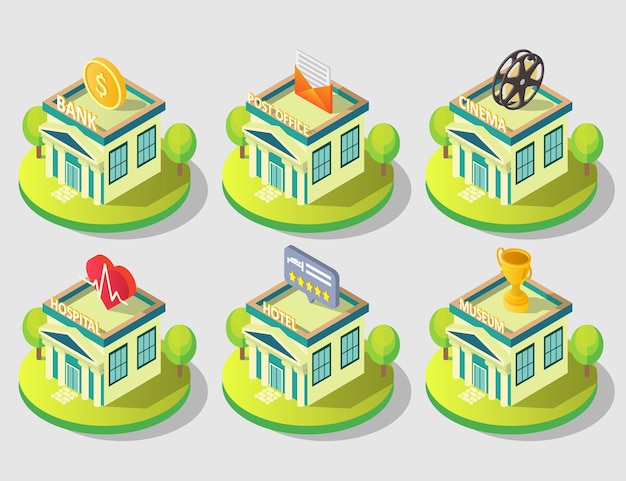 Vector isometric city public building icon set