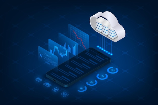 Векторное изометрическое облачное хранилище онлайн-данных, финансы и торговое мобильное приложение