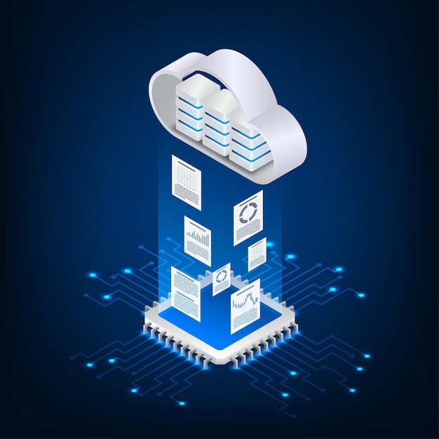 Vector isometric cloud transfer data protection cpu microchip digital and technology concept