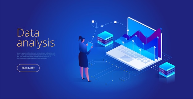 Vector isometric concept of Data analysis. Network mainframe infrastructure website layout. Technician in datacenter or data center room background. Computer storage or farming workstation.