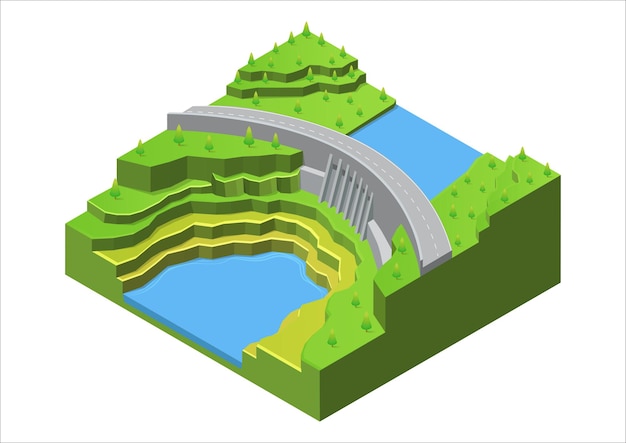 벡터 벡터 아이소메트릭 댐 수력 발전소 및 녹색 에너지