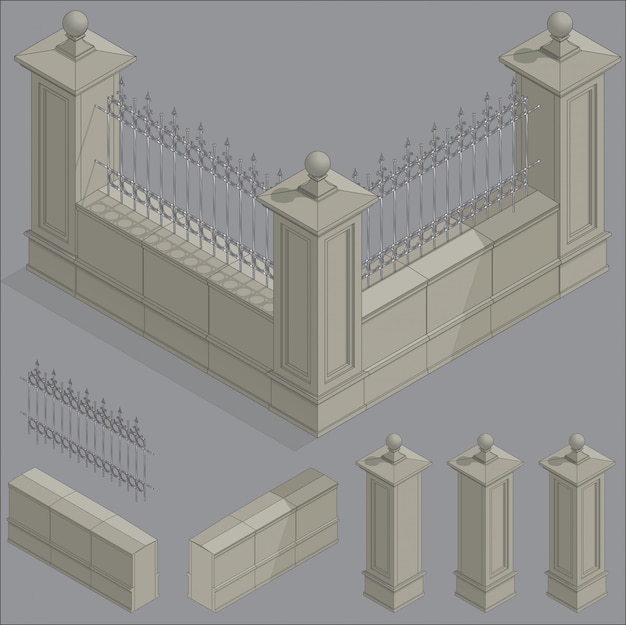 Vector isometric fence set, construction kit