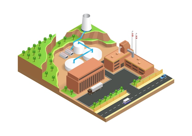 Vector vector isometric of geothermal energy power plant building