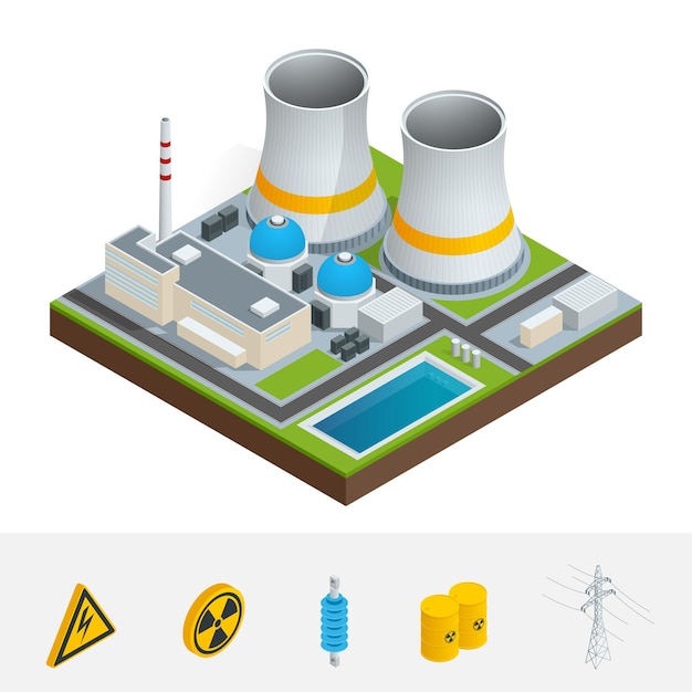 Icona isometrica vettoriale, elemento infografico che rappresenta la centrale nucleare, i reattori, le linee elettriche e le strutture relative alla generazione di energia nucleare. paesaggio industriale