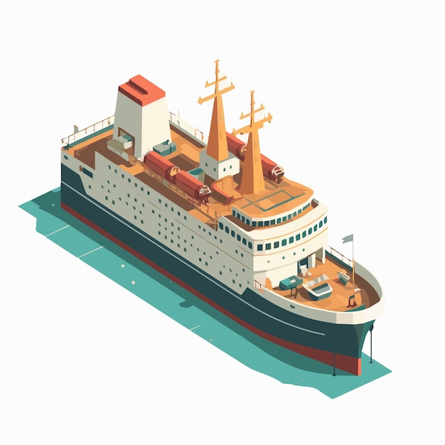 Векторный изометрический набор иконок или инфографические элементы, представляющие низкополигональный грузовой контейнеровоз, нефтяной танкер, пассажирский круизный корабль, паром, загруженный автомобилями и нефтяной платформой