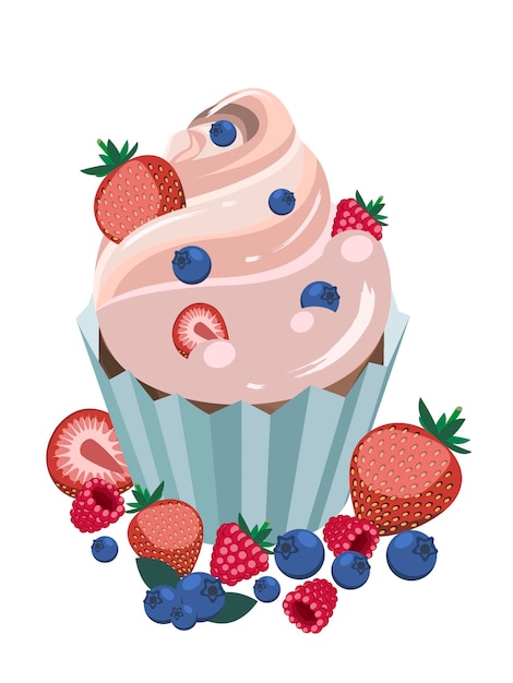 Illustrazione isometrica vettoriale del dessert cupcake servito con frutti di bosco freschi