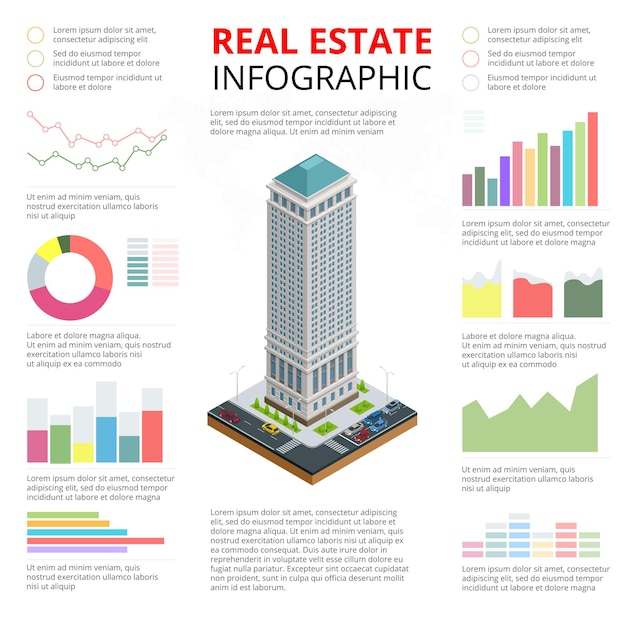 Vettore illustrazione isometrica di vettore dell'infografica immobiliare fatta di edifici. area commerciale e commerciale.